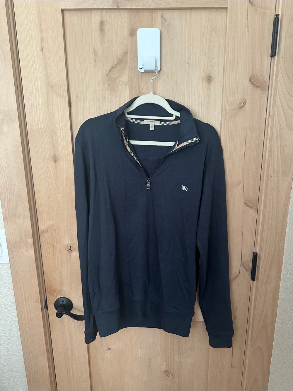 Burberry Men's Navy Zip-Up Sweater with Check Trim